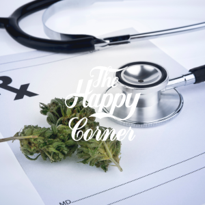 Illustratie van cannabisbladeren met pijnsignaal-iconen, symboliserend hoe THC en CBD pijn in het lichaam kunnen beïnvloeden